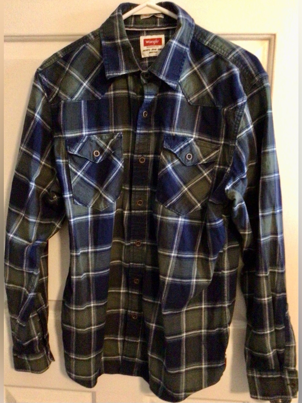 Wrangler Flannel Men’s Medium Olive Green Navy Blue Flex Cotton Plaid Shirt LS